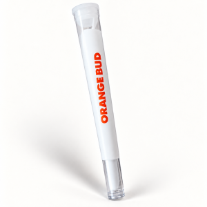 Tube de pré-roll CBD Orange Bud avec inscription orange sur fond clair.