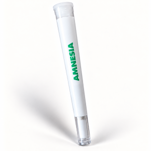 Tube de pré-roll CBD Amnesia avec inscription verte sur fond clair.